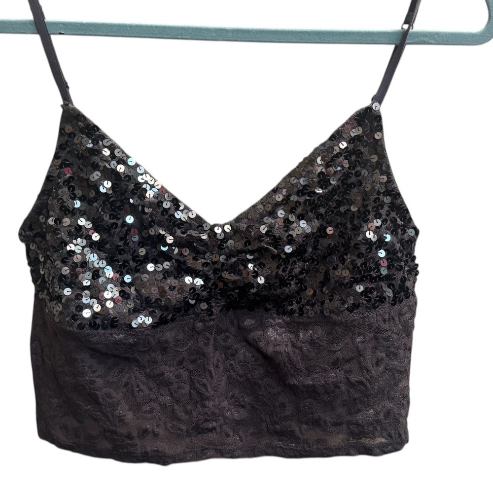 VICTORIA’S SECRET Gun Metal Gray Sequin Lace Bralette Adjustable Strap SZ LG EUC